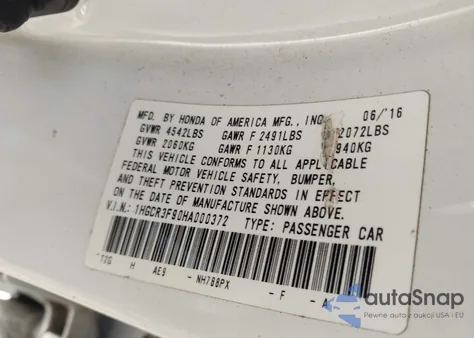 2017 Honda Accord Touring V6 z USA, uszkodzony, nr VIN 1HGCR3F90HA000372